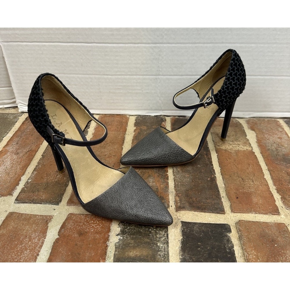 L.A.M.B.  Dark Blue Leather Pumps Ankle Strap Calf Hair Texture Heel Women's 6.5